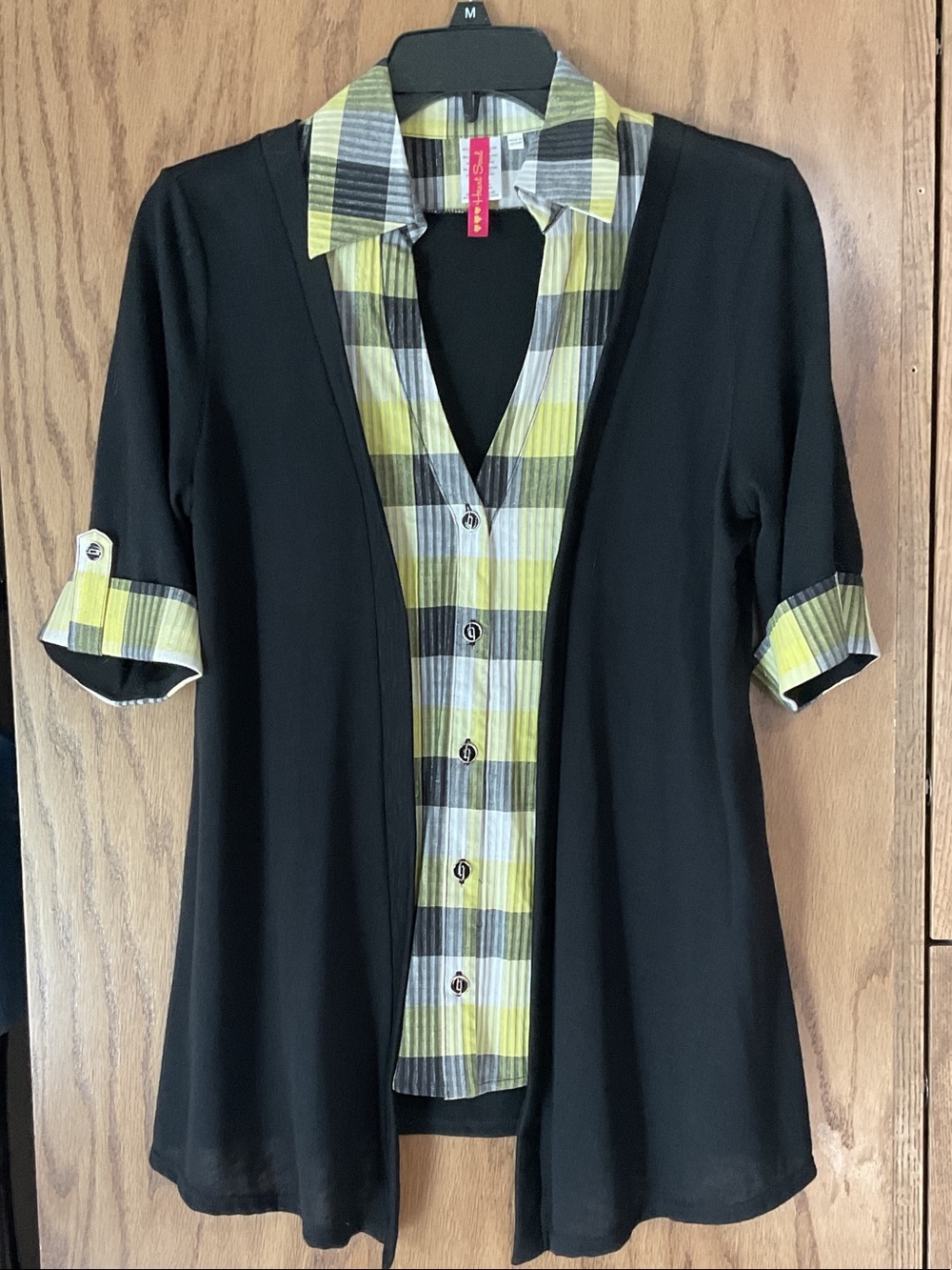HeartSoul Black Layered Top with Yellow Plaid Shirt-Front